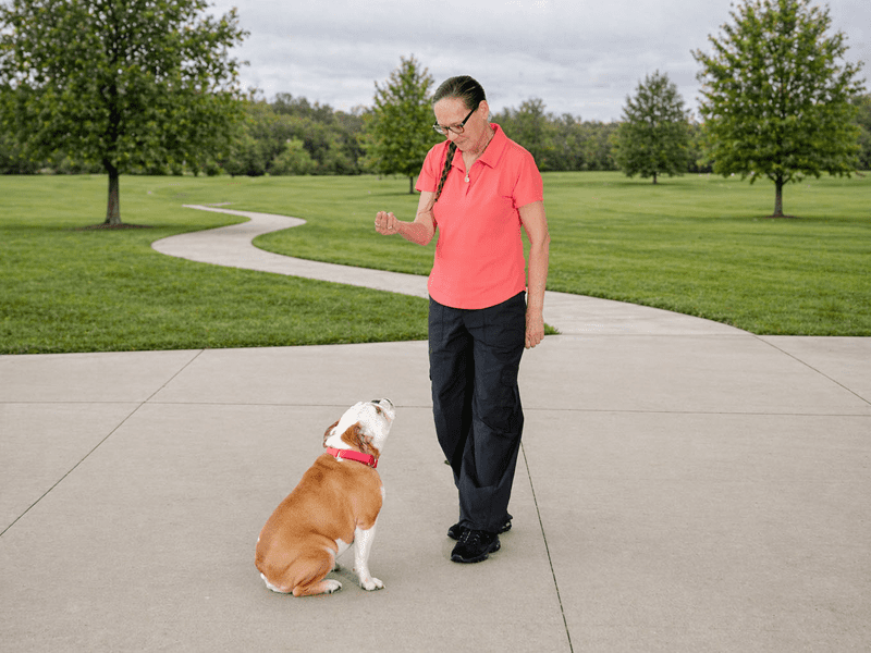 Man training a dog outdoors on a paved path.